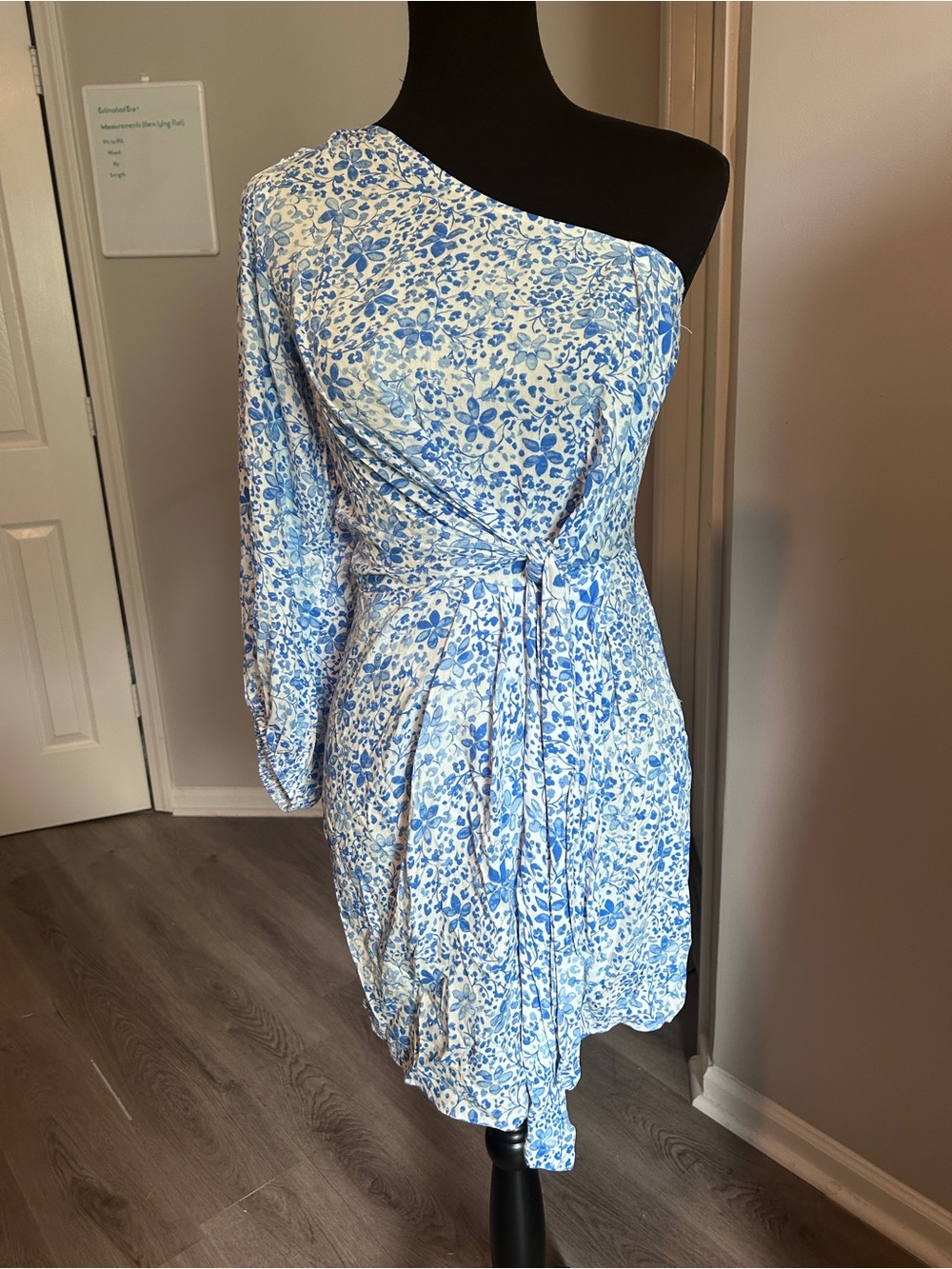 Blue Floral One Shoulder Tie Waist Mini Dress S
